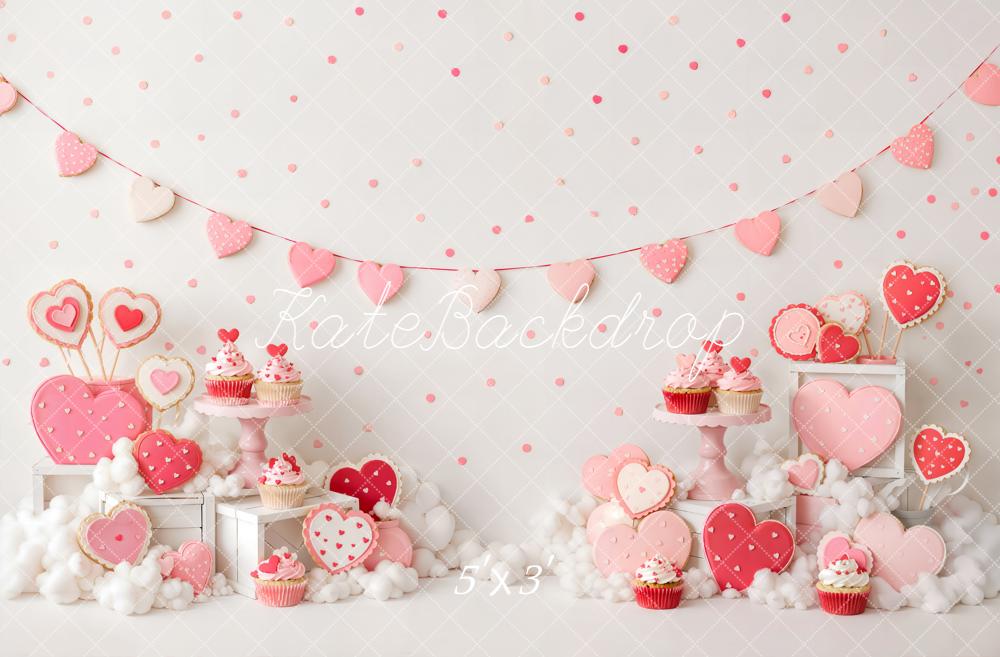 Kate Valentine's Day Birthday Pink Heart Cupcake Dessert Table Printed Backdrop Designed by Emetselch