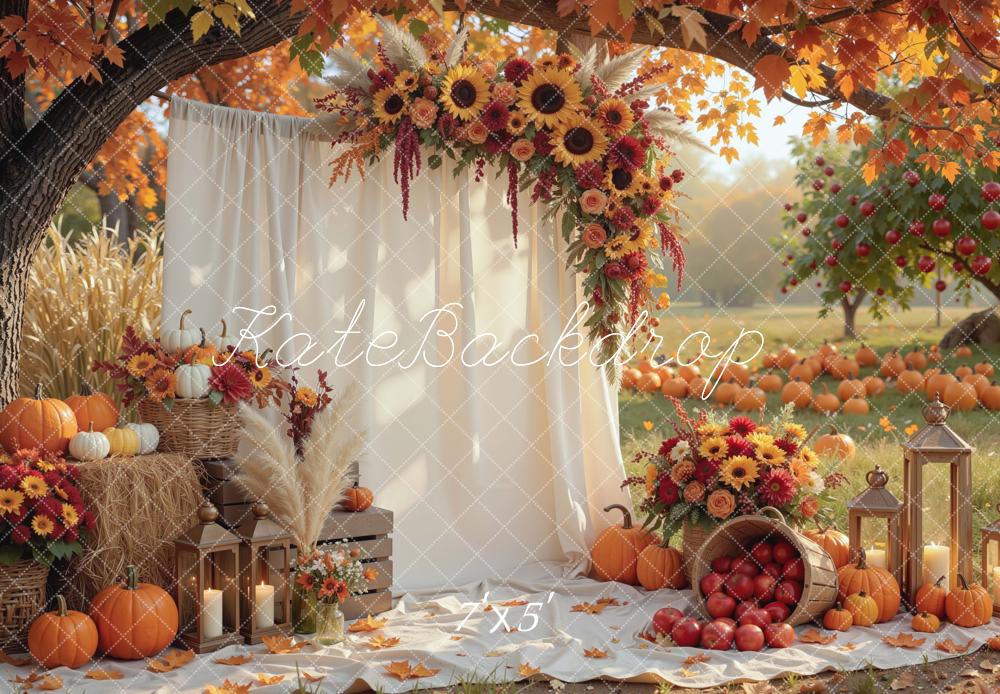 Kate Fall Sunflower Arch Drapes Pumpkins Apples Lanterns Picnic Printed Backdrop Designed by Mini MakeBelieve