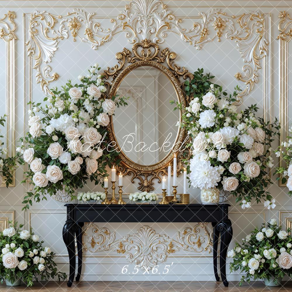 Kate Elegant Gold Mirror White Floral Arrangement Backdrop Designed by Mini MakeBelieve