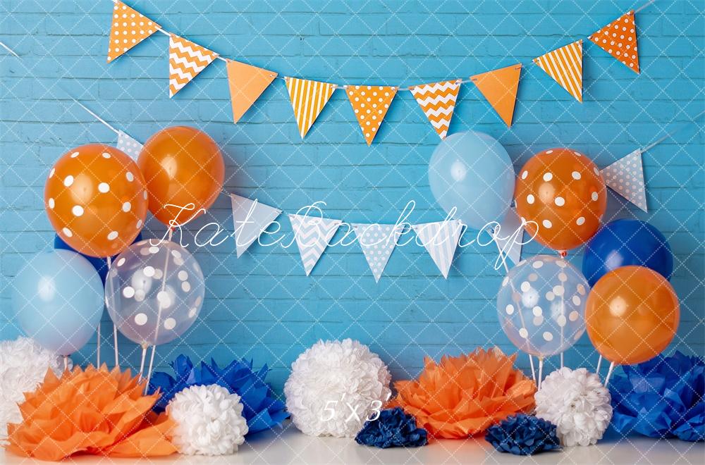 Cake Smash Blauw Oranje Ballon Foto Achtergrond Ontworpen door Mandy Ringe Photography (Only Up To 10x6.5)