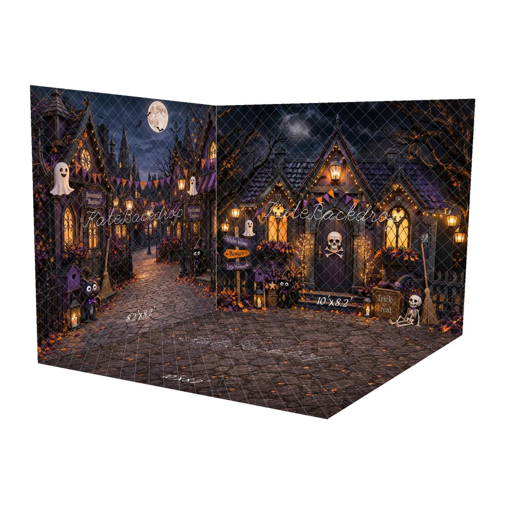 Kate Halloween Gothic Haunted Village Skull Ghosts Moon Purple Printed Backdrop Room Set