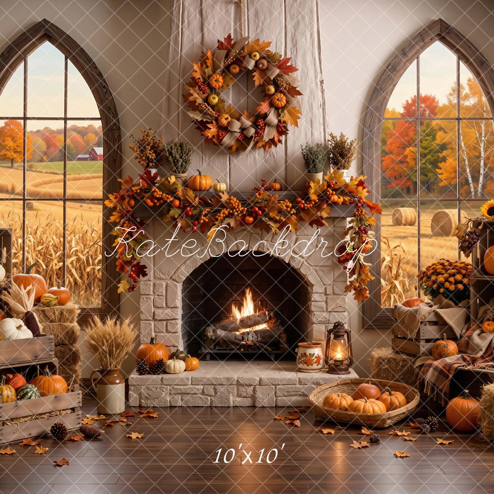 Kate Fall Stone Fireplace Pumpkins Wreath Harvest Field Window Printed Backdrop Designed by Emetselch