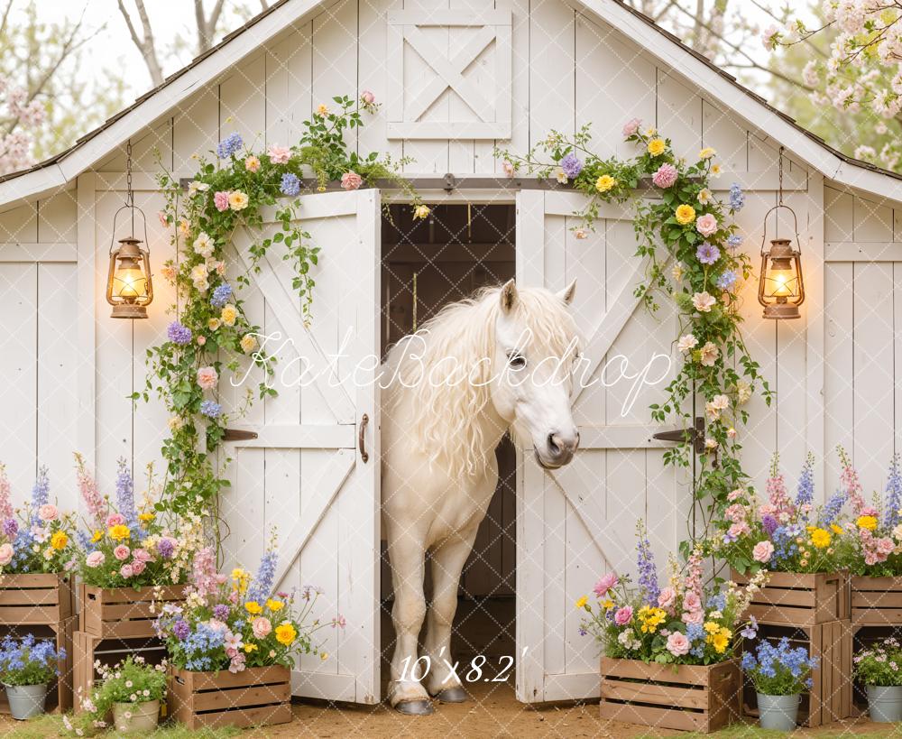 Kate Spring White Barn Horse Flower Arch Backdrop Designed by Emetselch
