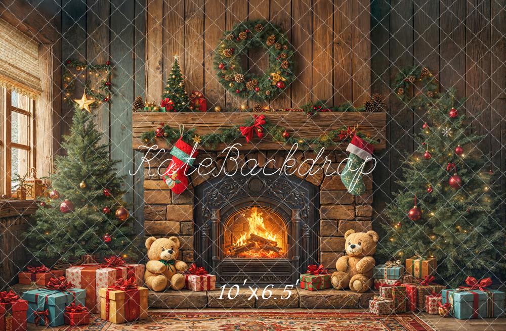 Kate Christmas Fireplace Trees Wreath Gifts Teddy Bears Printed Backdrop Designed by Emetselch