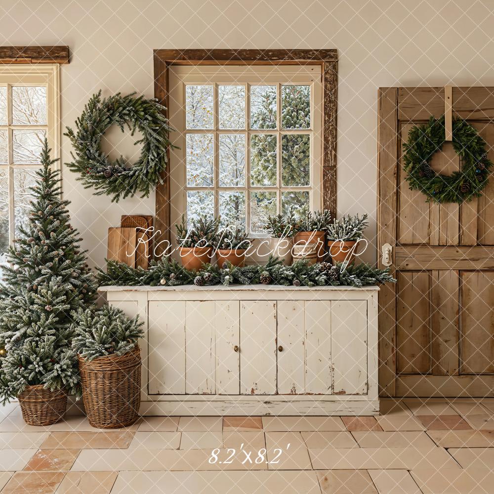 Kate Christmas Neutral Pine Tree Wreath Vintage Door Cabinet Backdrop Designed by Emetselch