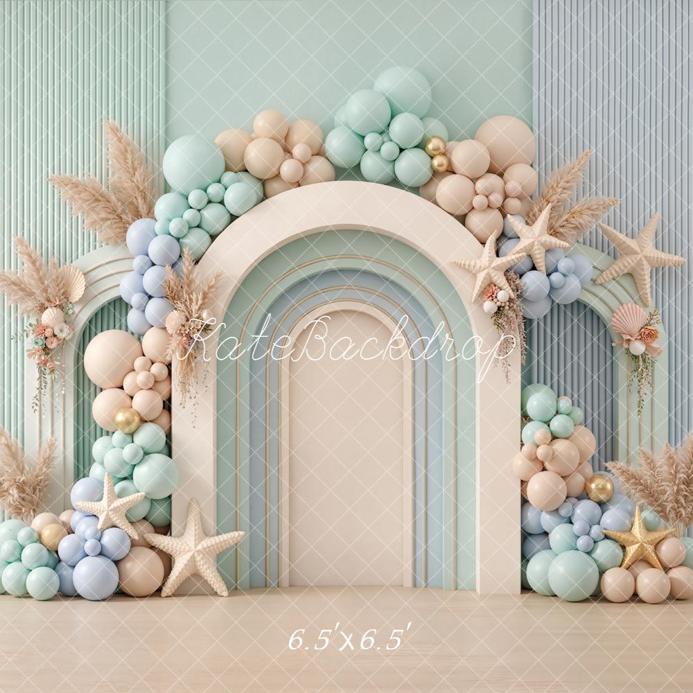 Kate Summer Cake Smash Arch Balloons Starfish Pampas Grass Pastel Printed Backdrop Designed by Emetselch