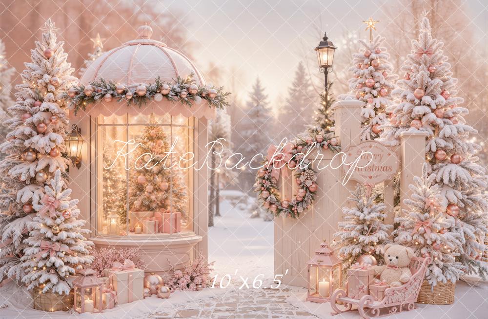 Kate Christmas Pink Gazebo Snowy Christmas Trees Gifts Sleigh Printed Backdrop Designed by Emetselch