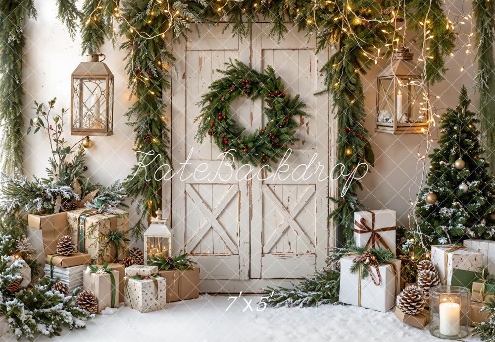 Kate Christmas Rustic Wreath Barn Door Gifts Printed Backdrop Designed