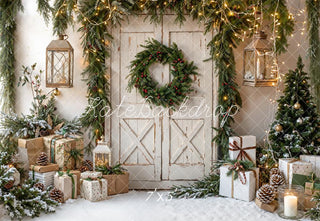 RTS Kate Christmas Rustic Wreath Barn Door Gifts Printed Backdrop Designed by Emetselch (US ONLY)