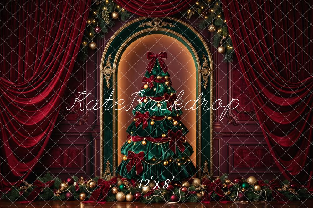 Kate Christmas Tree Elegant Red Velvet Curtains Ornaments Printed Backdrop Designed by Patty Roberts