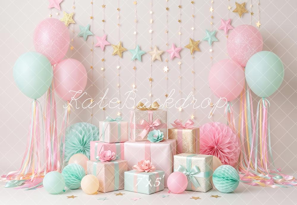 Kate Cake Smash Pastel Balloons Gift Stars Paper Fans Printed Backdrop Designed by Angela Miller