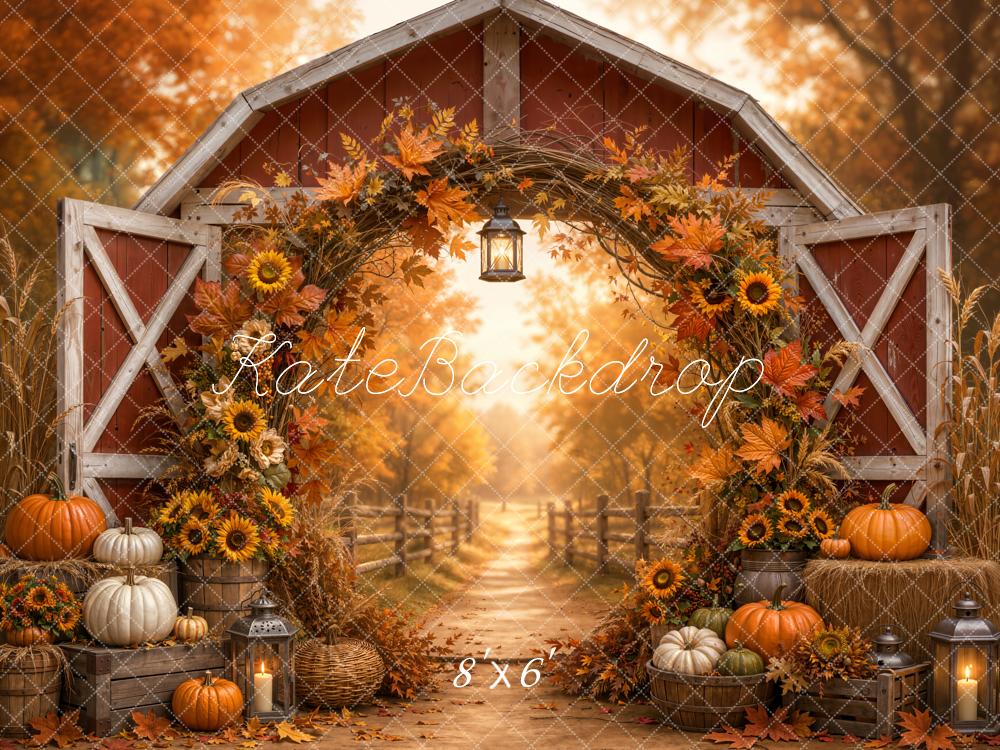 Kate Fall Barn Circle Floral Arch Pumpkin Pathway Printed Backdrop Designed by Emetselch
