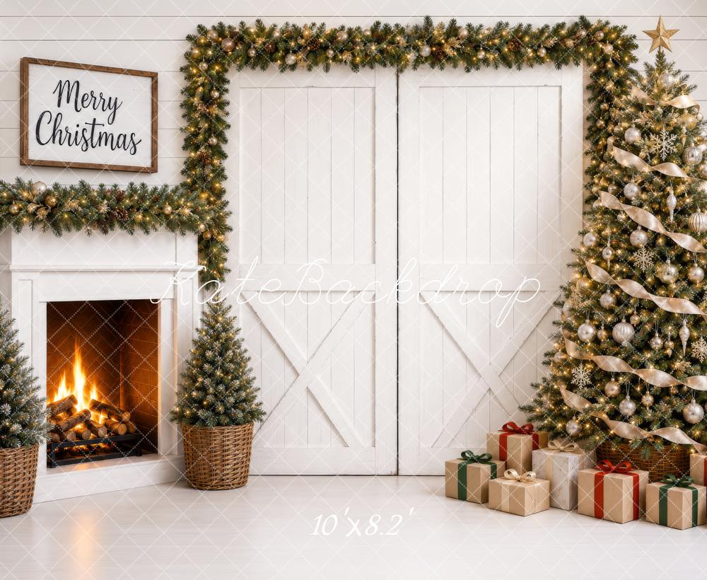 Kate Christmas White Barn Doors Fireplace Tree Gifts Printed Backdrop Designed by Shutter Swan Studios