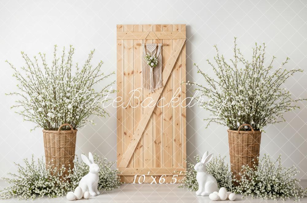 Kate Easter Bunny Wooden Door Wicker Baskets White Flowers Backdrop Designed by Patty Roberts