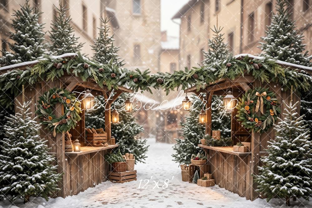 Kate Christmas Snowy Evergreen Market Street Snow Printed Backdrop Designed by Patty Roberts