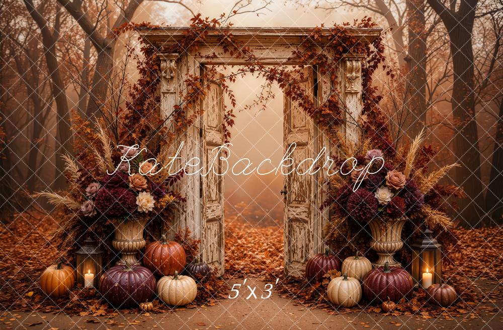 Kate Fall Vintage Door Floral Pumpkins Cozy Forest Printed Backdrop Designed by Jordan Moon
