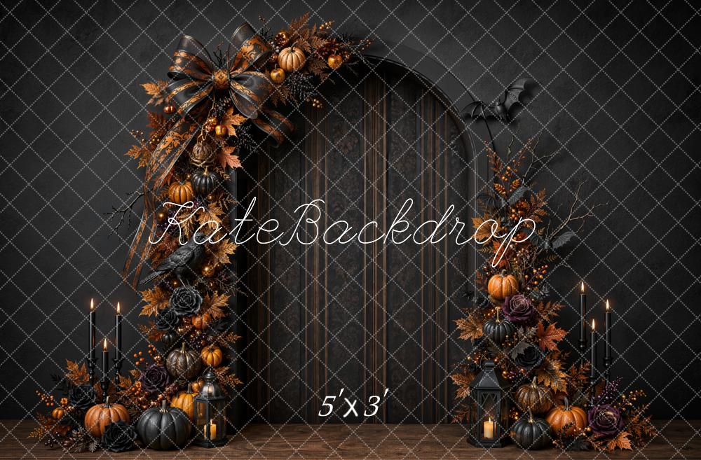 Kate Halloween Black Bow Pumpkin Arch Door Candlelight Gothic Printed Backdrop Designed by Emetselch