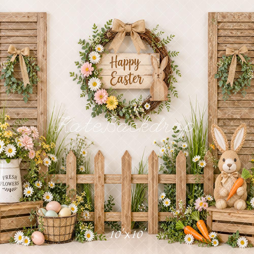 Kate Easter Rustic Garden Wood Fence Bunny Wrearth Printed Backdrop Designed by Emetselch