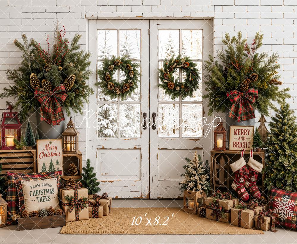Kate Christmas Door Farmhouse Entryway Wreaths Trees Red Plaid Printed Backdrop Designed by Emetselch