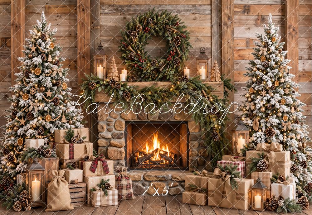 Kate Christmas Rustic Fireplace Trees Wreath Printed Backdrop Designed by Emetselch