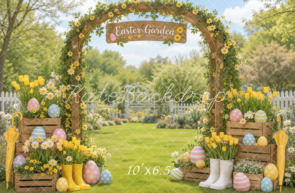 Kate Easter Garden Flower Arch Eggs Rain Boots Tulips Printed Backdrop Designed by Emetselch