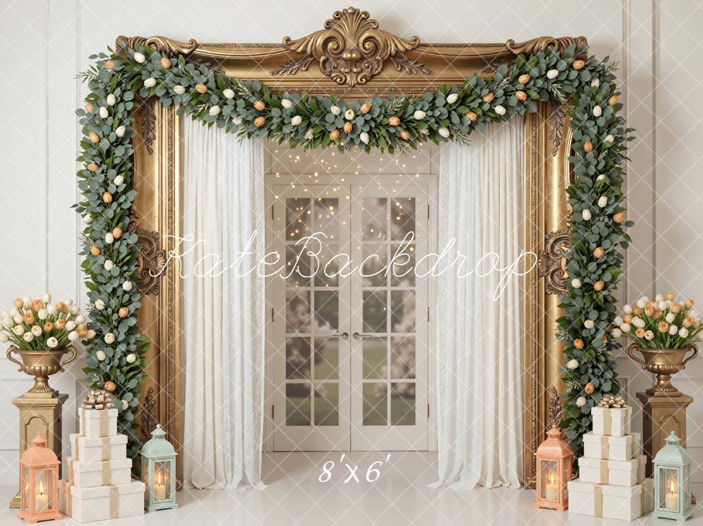 Kate Spring Flower Arch Gold Frame French Doors Gift Boxes Lanterns Backdrop Designed by Mini MakeBelieve