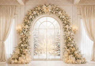 Kate Christmas Flower Arch Cream Window Presents Curtains Printed Backdrop Designed by Emetselch