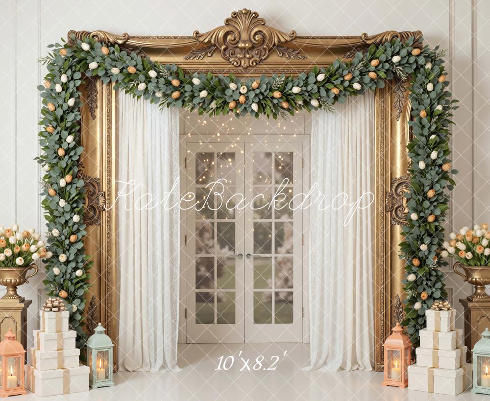 Kate Spring Flower Arch Gold Frame French Doors Gift Boxes Lanterns Backdrop Designed by Mini MakeBelieve