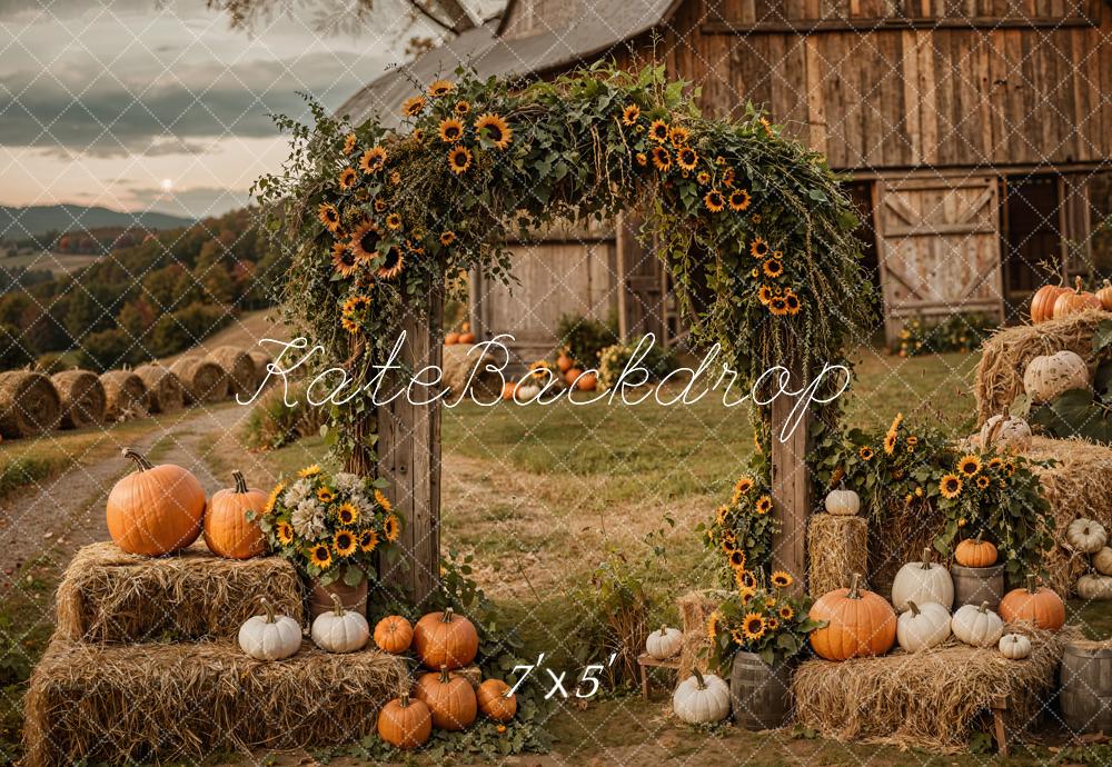 Kate Fall Rustic Sunflower Arch Pumpkin Barn Printed Backdrop Designed