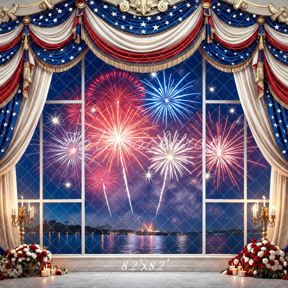 Kate Independence Day Window Fireworks Red White Blue Drapes Printed Backdrop Designed by Mini MakeBelieve