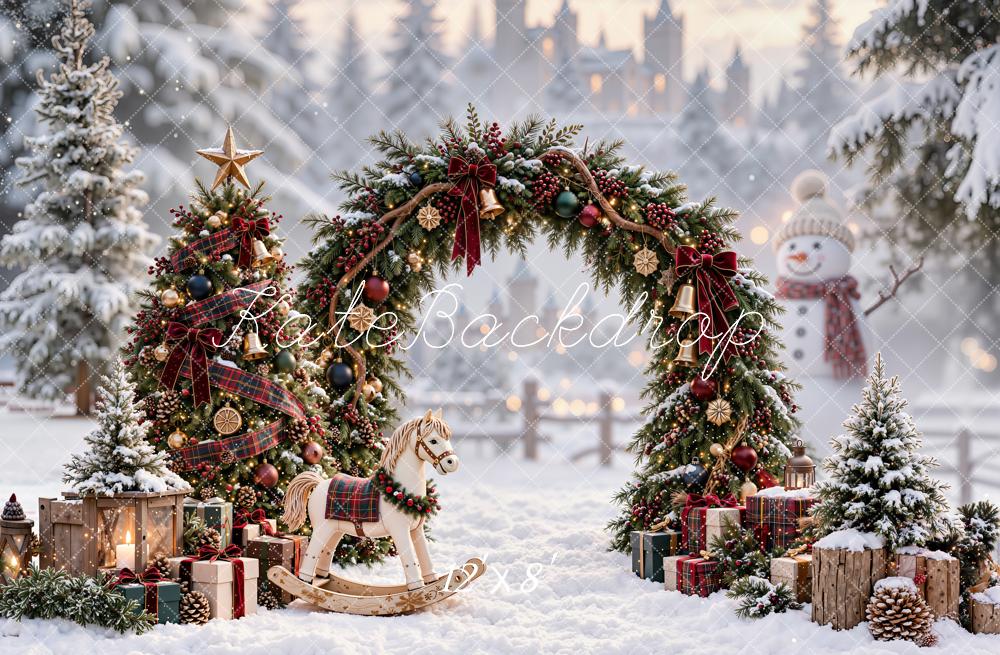 Kate Christmas Pine Arch Plaid Tree Rocking Horse Snowy Village Printed Backdrop Designed by Emetselch