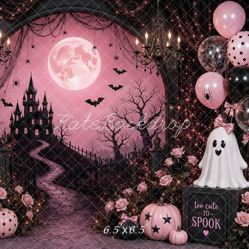 Kate Halloween Birthday Pink Gothic Castle Moon Ghosts Printed Backdrop Designed by Shutter Swan Studios