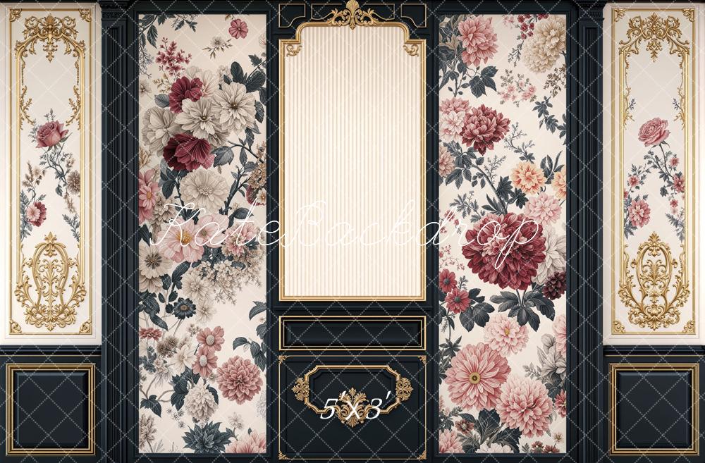 Kate Retro Ornate Black Gold Floral Wall Printed Backdrop Designed by Mini MakeBelieve