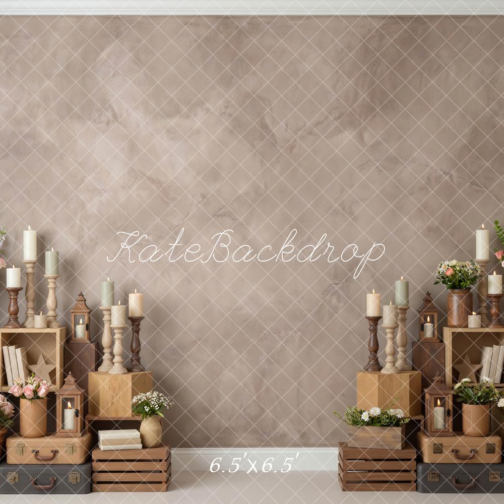 Kate Vintage Flowers Candles Wooden Crates Brown Printed Backdrop Designed by Mini MakeBelieve