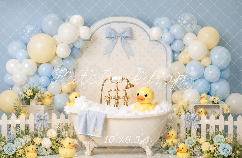 Kate Baby Shower Spring Floral Blue Balloon Bathtub Rubber Duck  Printed Backdrop Designed by Emetselch