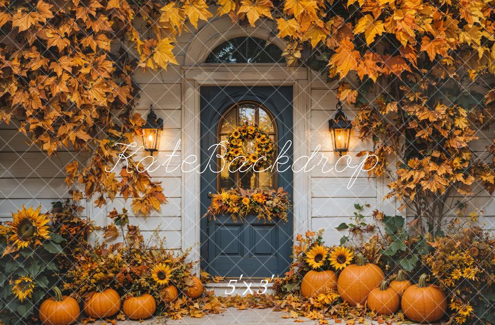 Fondo de Puerta de Calabaza de Otoño con Hojas de Arce Diseñado por Emetselch