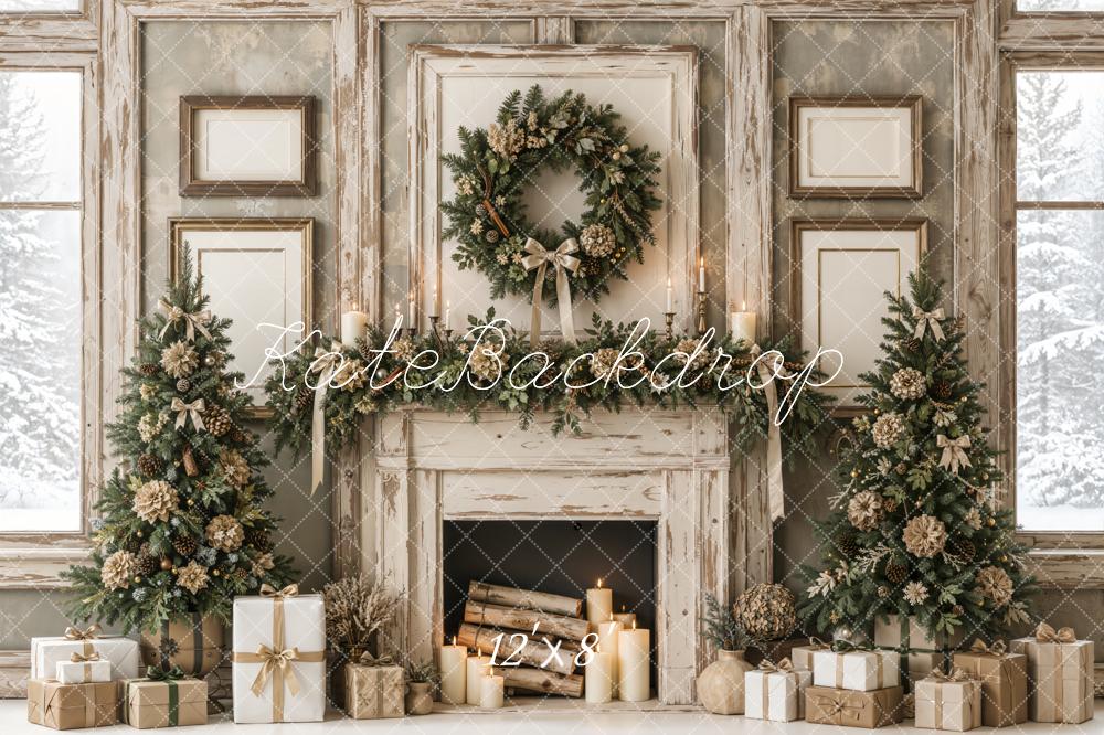 Kate Christmas Fireplace Rustic Wreath Garland Trees Neutral Printed Backdrop Designed by Emetselch