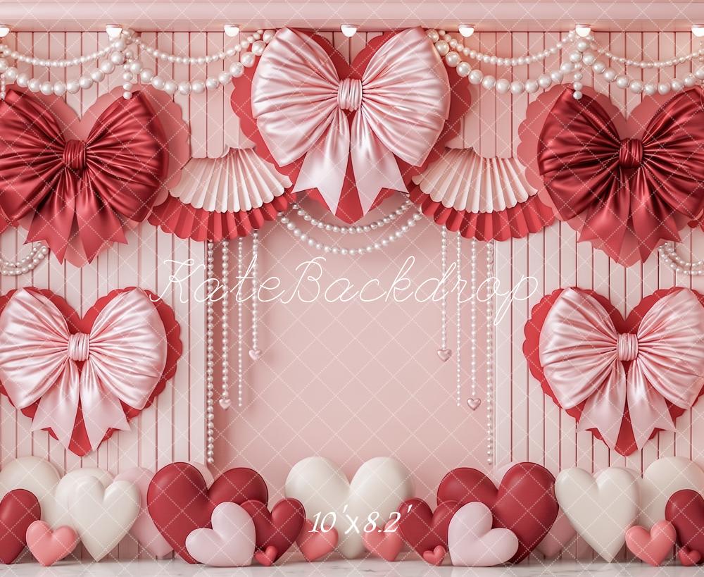 Kate Valentine's Day Pink Heart Satin Bows Pearls Printed Backdrop Designed by Angela Miller