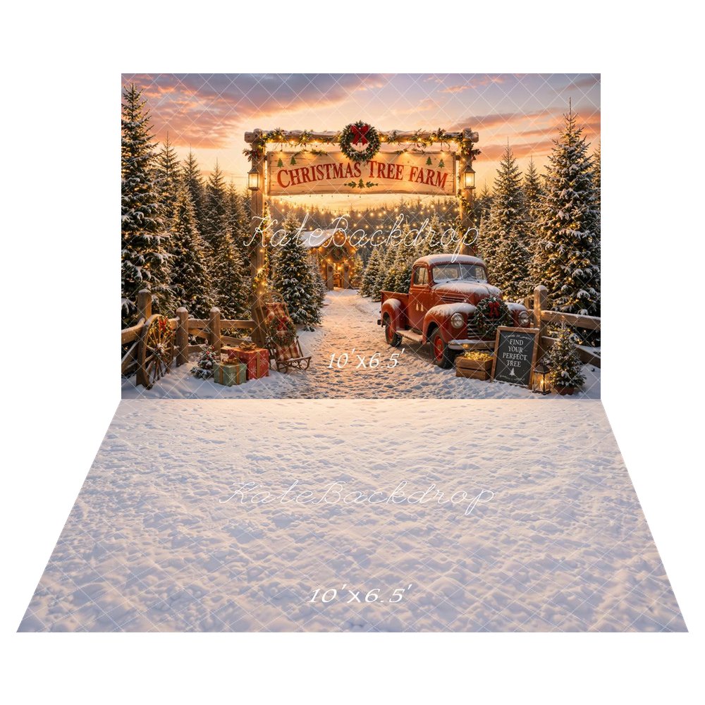 Kate Christmas Tree Farm Red Truck Snow Gifts Printed Backdrop+Snow Texture Floor Printed Backdrop