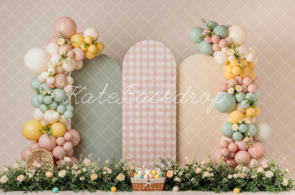 Kate Easter Pastel Balloon Flower Arch Gingha Basket Printed Backdrop Designed by Patty Roberts