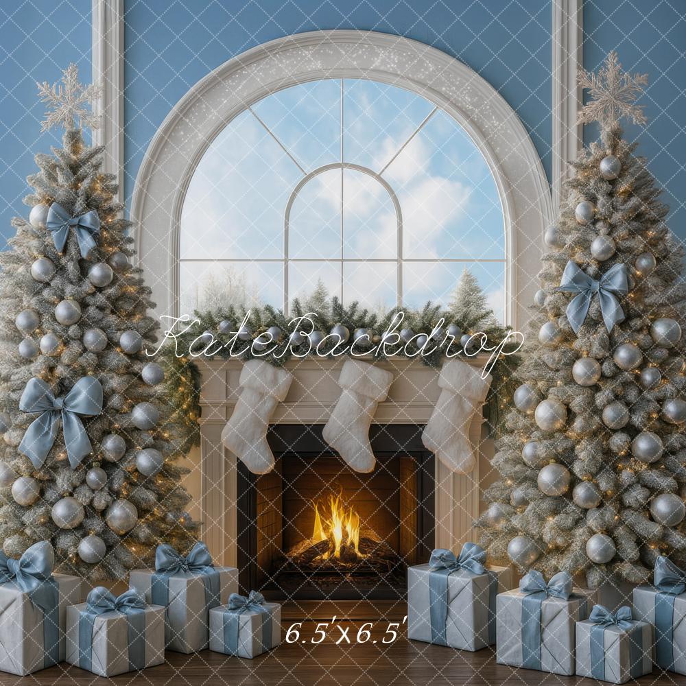 Kate Christmas Trees Silver Blue Fireplace Gifts Window Backdrop Designed by Mini MakeBelieve