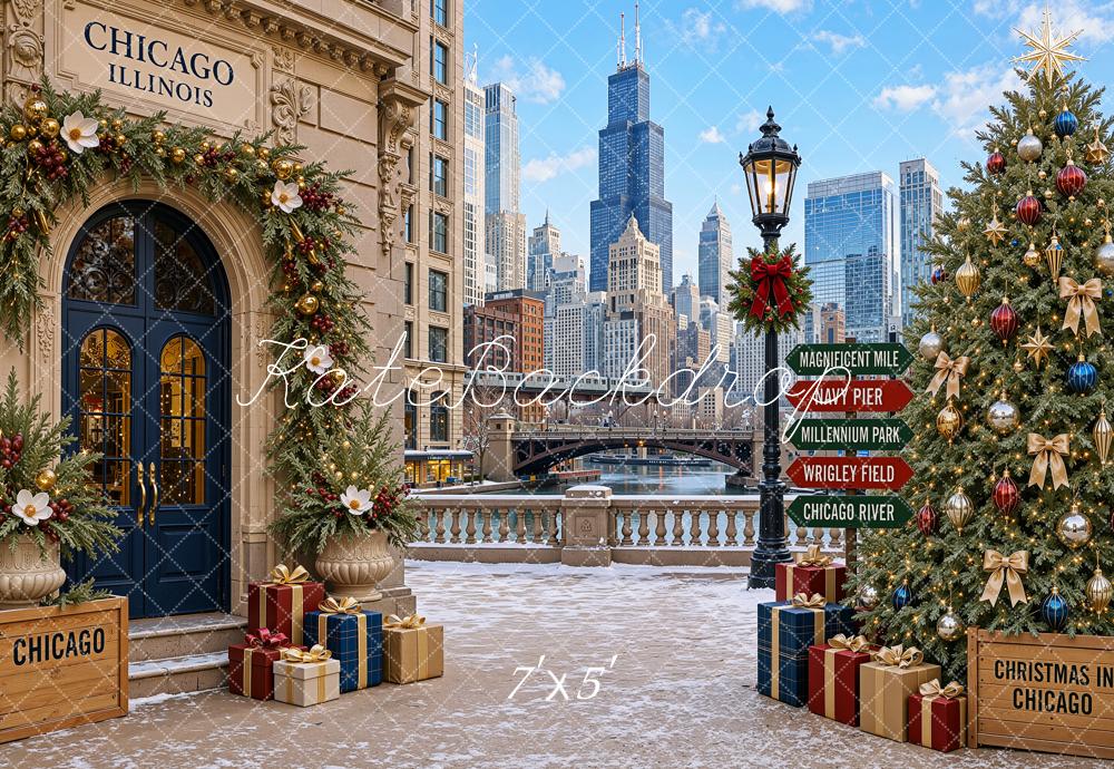 Kate Christmas Trees Chicago Cityscape Architecture Printed Backdrop Designed by Shutter Swan Studios