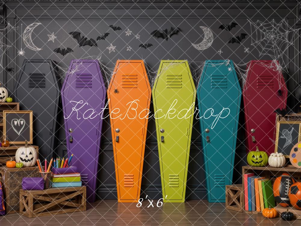 Kate Halloween Colorful Coffin Lockers School Pumpkins Printed Backdrop Designed by Mini MakeBelieve