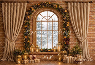 Kate Christmas Arched Window Curtains Garland Lanterns Gifts Brick Wall Printed Backdrop Designed by Emetselch