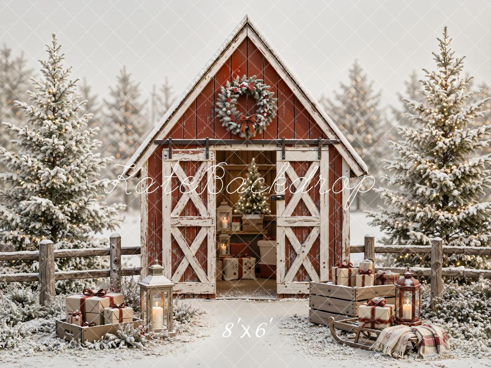 Kate Christmas Snowy Red Barn Wreath Pine Trees Wood Printed Backdrop Designed by Emetselch