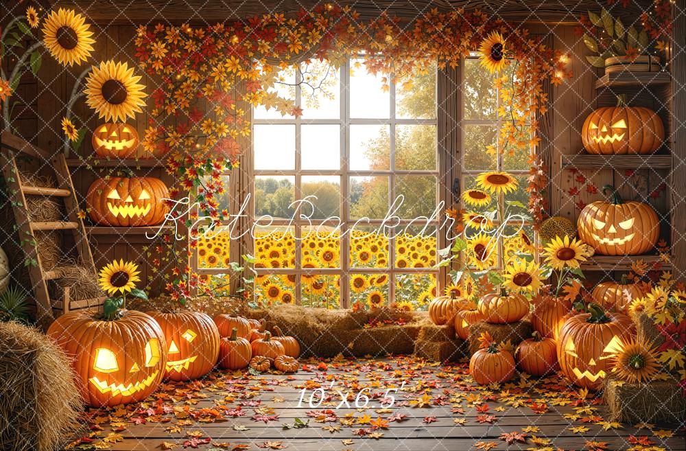 Kate Halloween Fall Sunflower Pumpkin Leaves Backdrop Designed by Emetselch
