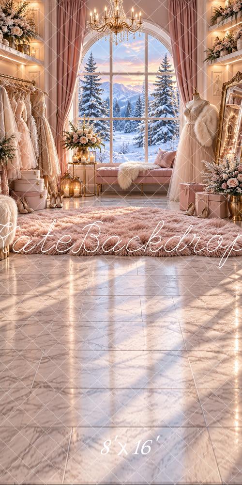 Kate Sweep Winter Boutique Glamour Dressing Snowy Window Printed Backdrop Designed by Vertigo Productions