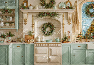 Kate Christmas Kitchen Vintage Cabinets Wreath Printed Backdrop Designed by Emetselch