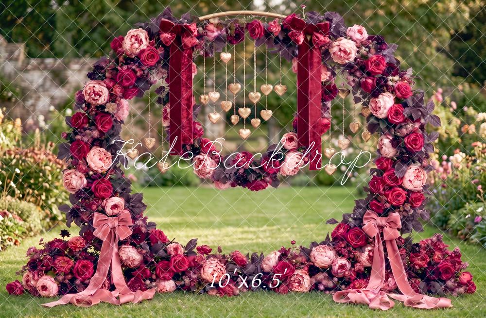 Kate Valentines Outdoor Floral Arch Hanging Hearts Garden Printed Backdrop Designed by Angela Miller