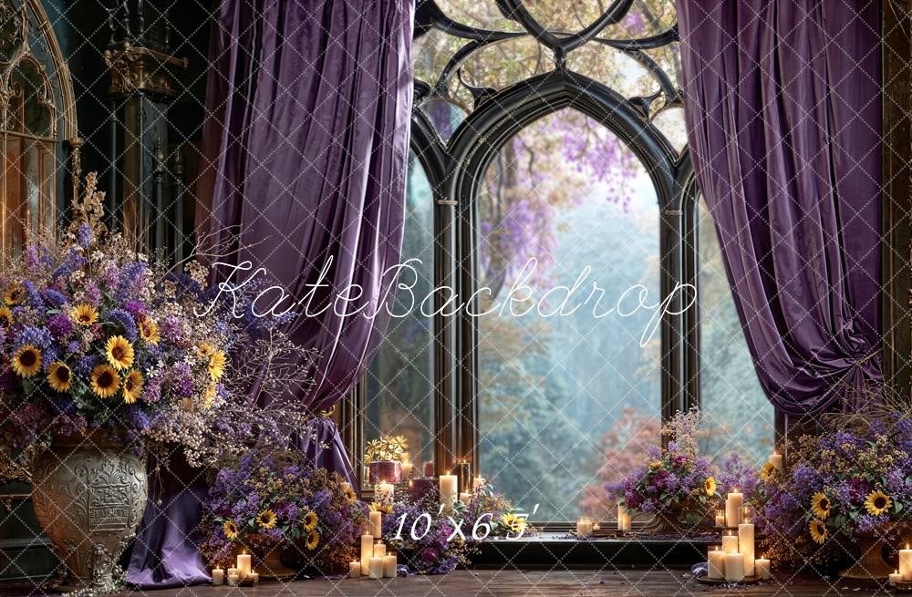 Kate Romantic Window Purple Curtains Floral Arch Candles Backdrop Designed by Emetselch